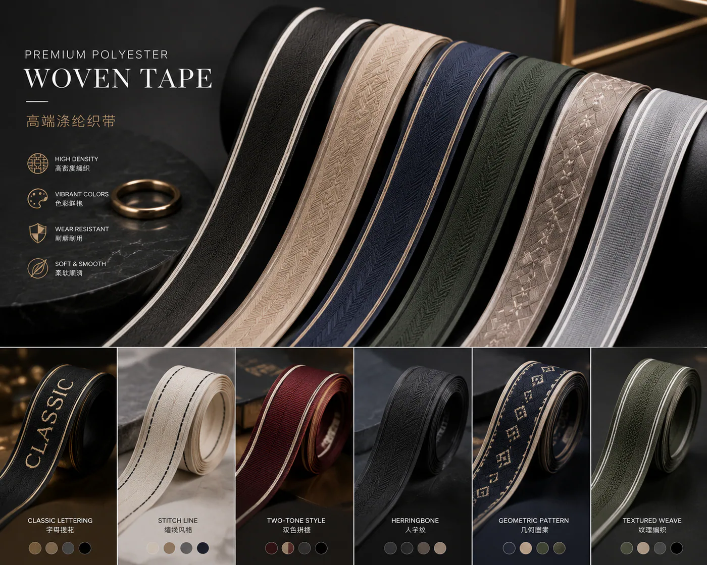 Close-up collection of custom polyester webbing tapes